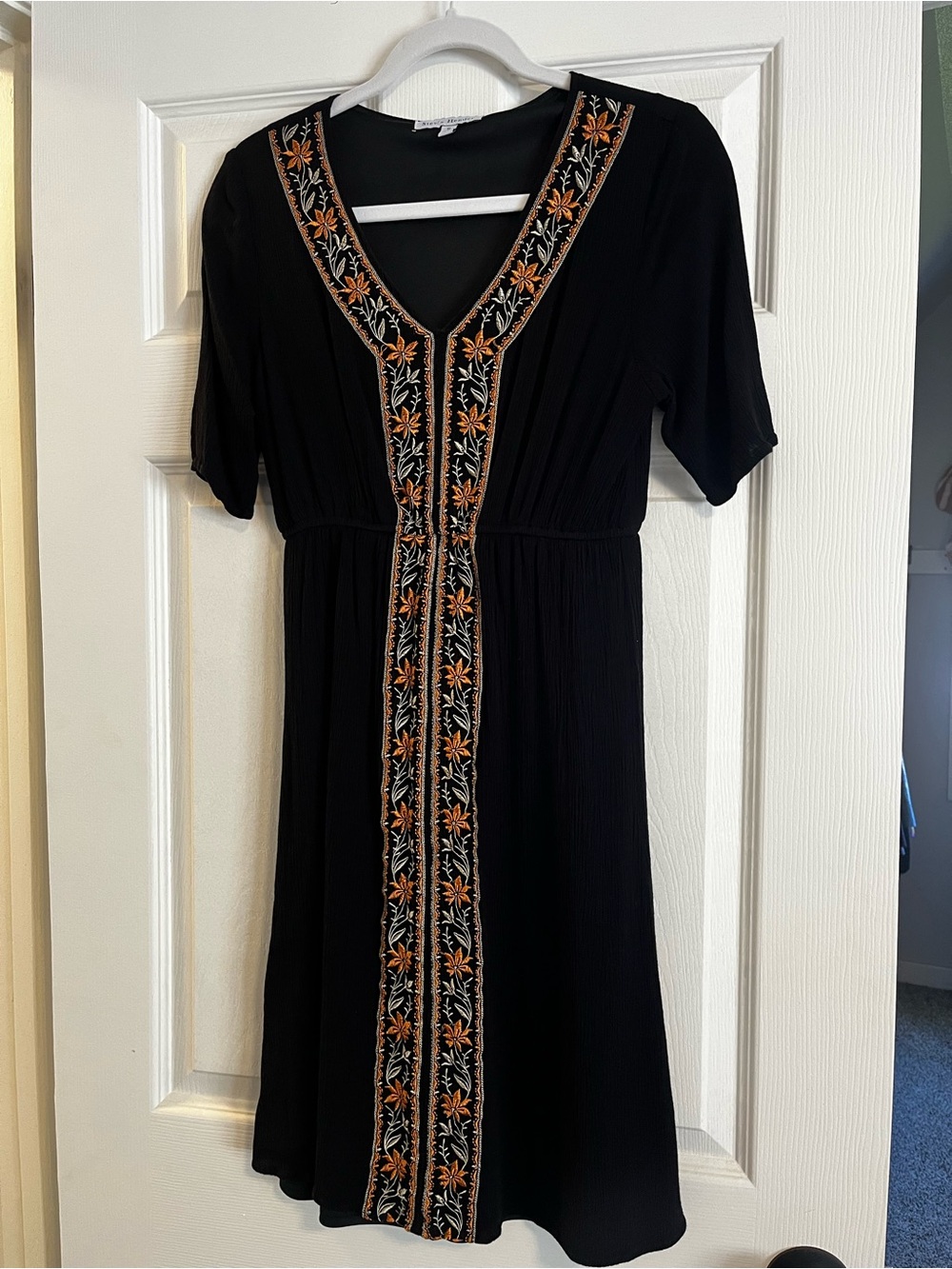 Stevie Hender Black Midi Dress with Orange and Cream Floral Embroidery